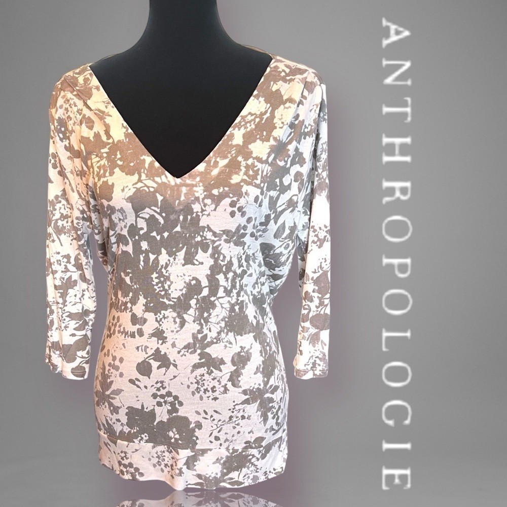 Anthropologie Tie Dye Floral Tie Back 3/4 Sleeve V-Neck Blouse Size XS